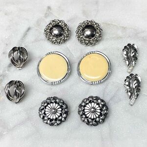 Vintage Silver Tone Clip On Earrings Lot Midcentury Floral Dome Leaf Styles
